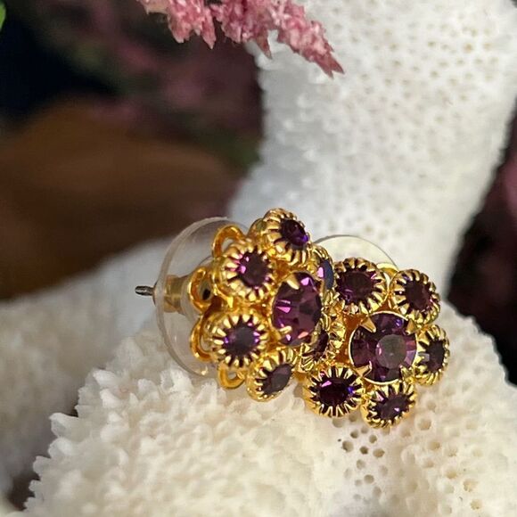 Gold Purple Floral Swarovski Crystals Statement Earrings - Picture 2 of 9